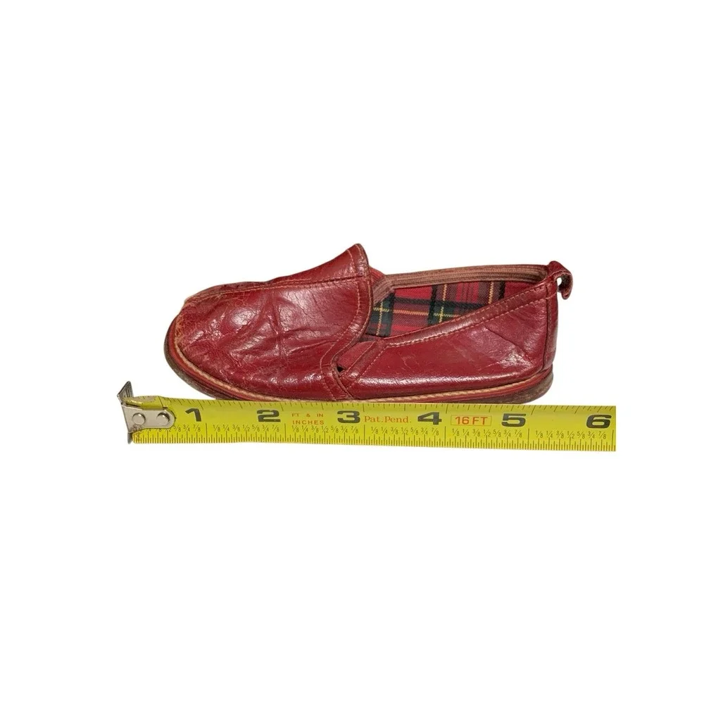 Vintage Red Leather Toddler Baby Shoes Slippers Plaid Lining Slip On USA